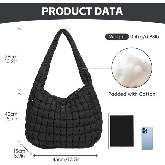 Women's Black Lightweight Cotton Puffy Quilted Hobo Bag Retro Soft Shoulder Bag - Picture 2 of 7